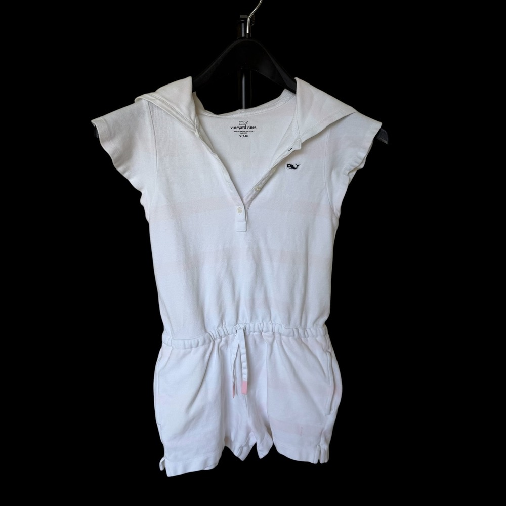 Vineyard Vines Girls White Pink Striped Hooded Romper Size S 7-8 Preppy Whale